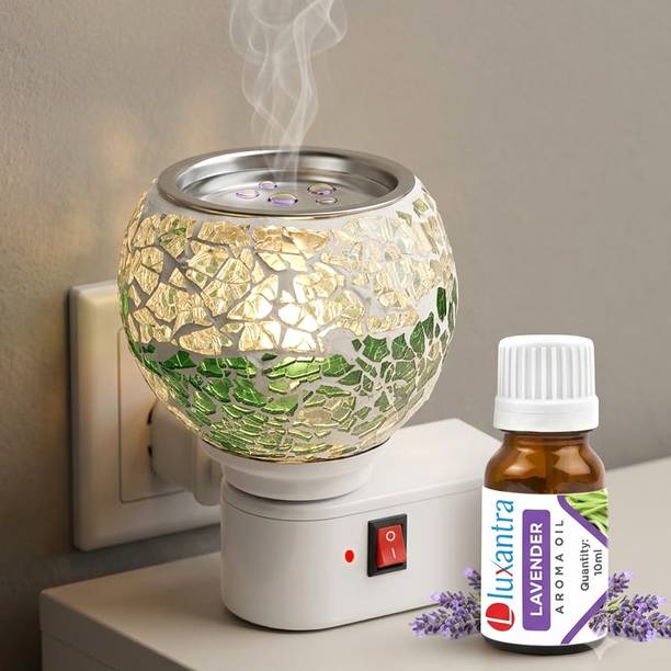 Luxantra Lavender Home Fragrance Air Freshener Diffuser Set Electric Kapoor Dani Camphor Diffuser with Night Lamp | Mosaic Glass Aroma Oil Burner | Plug-in Essential Oil & Camphor Diffuser | Smoke-Free Fragrance Diffuser for Home, Office, Spa, Hotel & Temple (White & Green)
