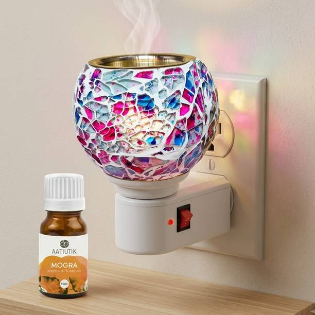 Aatiutik Mogra Home Fragrance Air Freshener Diffuser Set Electric Kapoor Dani Camphor Diffuser & Aroma Burner | Night Lamp Light | Decorative Mosaic Design | Plug-In Camphor Burner for Home, Pooja Room & Meditation