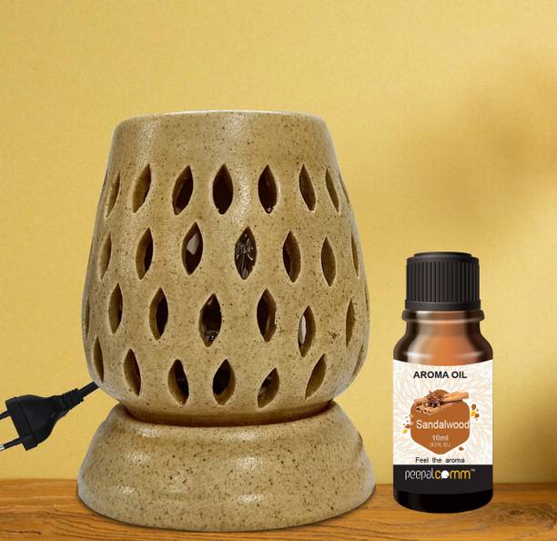 PeepalComm S5 brown electric diffuser lamp oil burner with 1 10ml sandalwood scented Aroma Oil, Diffuser Set, Refill Perfect for Room office restaurant hotel spa living room gym bar Air Freshener etc. (Size: 11 x 9 cm, Brown) with 1 extra bulb