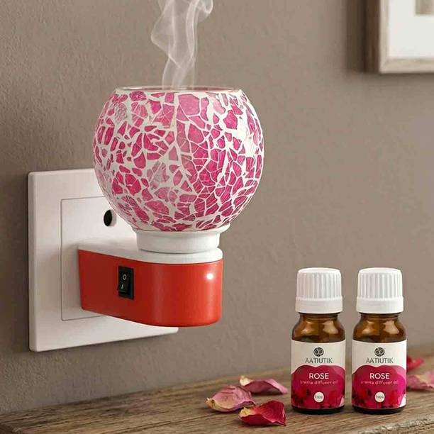 Aatiutik Rose Fragrance Air Freshener Diffuser Set Premium Electric Kapoor Dani Camphor Diffuser with Purple Mosaic Glass Shade Aroma Essential Oils Diffuser Lamp | Plug-in Fragrance Burner with Essential Oils | for Home, Office, Bedroom & Spa Air Freshener | Purple Crackle Design