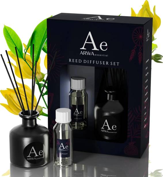 ARWA Aroma,Home Decor & Air Freshener for Bedroom, Office, Spa & Enclosed Spaces Diffuser Set Ylang Ylang Fragrance Essential Oil, Ceramic Pot & 6 Smokeless Rattan Reed Stick