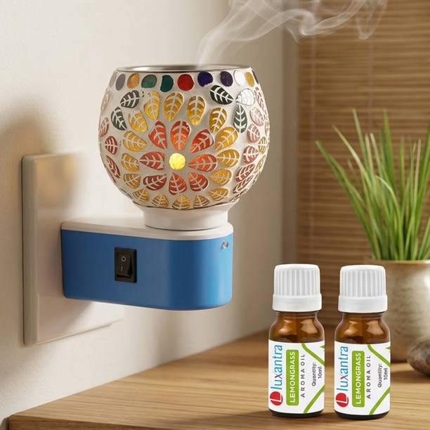 Luxantra Lemongrass Fragrance Air Freshener Diffuser Set Electric Kapoor Dani Camphor Diffuser with Decorative Ceramic Aroma Lamp | Smoke-Free Air Freshener & Essential Oil Burner | Plug-in Kapoor Dani for Home, पूजा & Aromatherapy