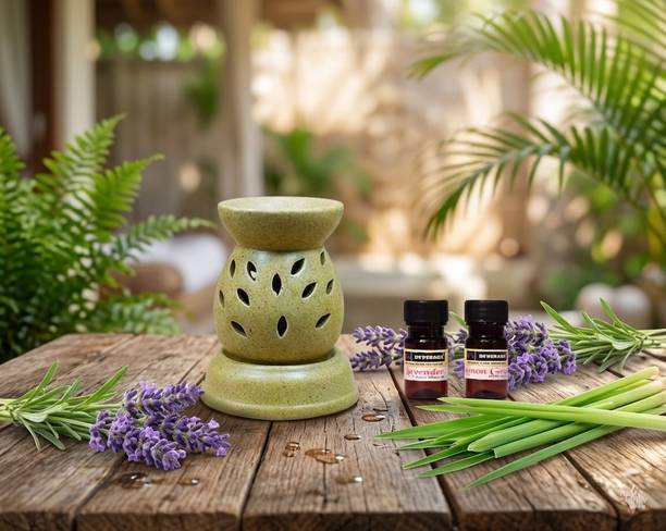 DEVERAUX LAVENDER, LEMON GRASS Diffuser Set CERAMIC LAMP SHAPE BROWN ELECTRIC OIL DIFFUSER FOR HOME FRAGRANCE (WITH 02 PC 10 ML AROMA OIL LAVENDER & LEMON GRASS)