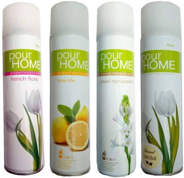 POUR HOME LIME LIFE, FRENCH FLORA, ROYAL RAJNIGANDHA, SANDAL Spray 1 FRENCH FLORA ROOM FRESHENER 225 ML+1 LIME LIFE ROOM FRESHENER 225 ML+1 ROYAL RAJNIGANDHA ROOM FRESHENER 225 ML+1 SACRED SANDAL ROOM