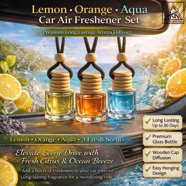 kk perfume Lemon, Orange, Aqua Fresh Diffuser Set Car Perfume Hanging Bottle Combo Pack of 3 (Lemon, Aqua Fresh, Orange) | Long Lasting Car Air Freshener | Premium Glass Bottle with Wooden Cap | Strong & Fresh Car Fragrance