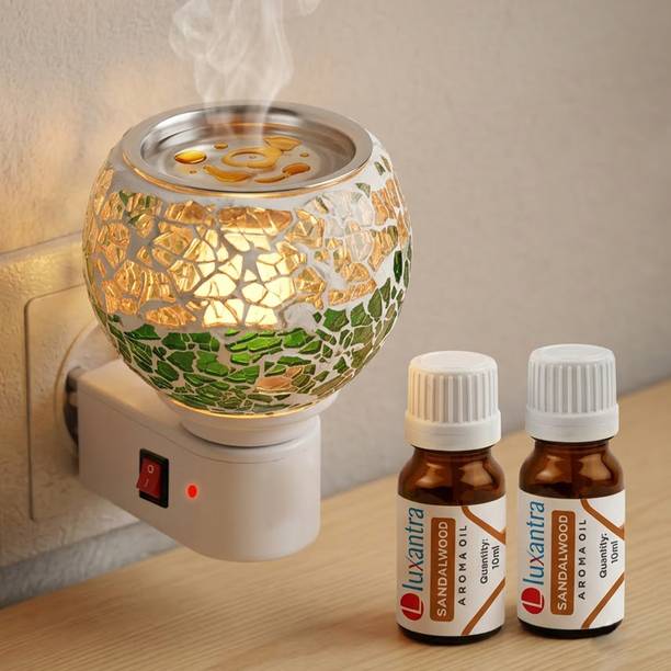 Luxantra Sandalwood Home Fragrance Air Freshener Diffuser Set Luxury Mosaic Glass Electric Kapoor Dani Camphor Diffuser with Night Lamp Light | Plug-in Aroma Oil Burner | Essential Oil & Wax Melt Fragrance Diffuser for Home, Office, Temple & Meditation (Green & White)