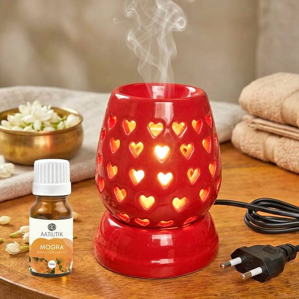 Aatiutik Mogra Home Fragrance Air Freshener Diffuser Set Electric Ceramic Aroma Diffuser Kapoor Dani Camphor Diffuser with Aroma Oil | Aroma Diffuser & Oil Burner | Heart Design Plug-in Air Freshener for Home, Office, Hotel, Spa & Puja Room
