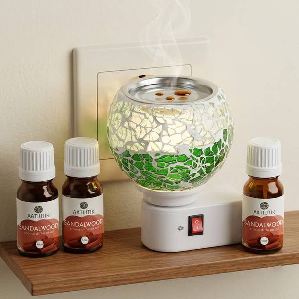 Aatiutik Sandalwood Home Fragrance Air Freshener Diffuser Set Premium Electric Camphor Kapoor Dani & Aroma Oil Burner Diffuser with Set of 3 (10ml Each) Aroma Oils| Night Lamp Light | Plug-in Ceramic Mosaic Fragrance Diffuser | Essential Oil Burner | Camphor Burner | Home, Office, Hotel, Spa & Temple Air Freshener (White & Green)
