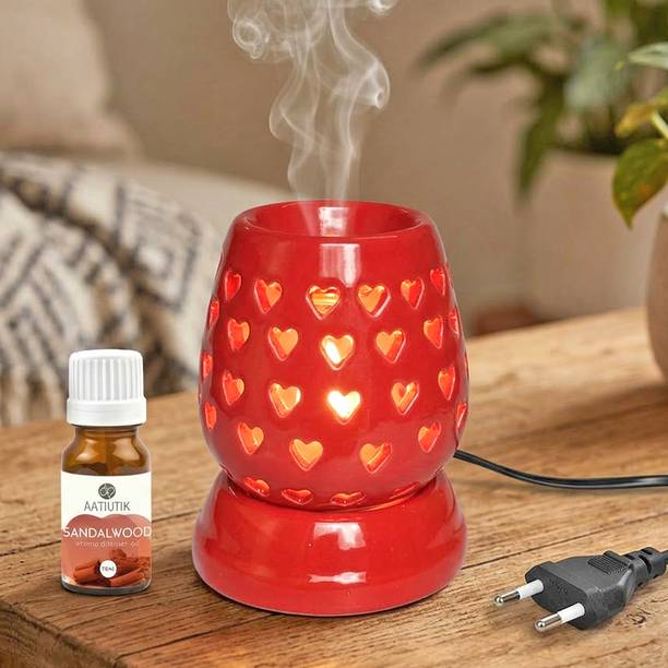 Aatiutik Sandalwood Home Fragrance Air Freshener Diffuser Set Electric Ceramic Aroma Diffuser Kapoor Dani Camphor Diffuser with Aroma Oil | Aroma Diffuser & Oil Burner | Heart Design Plug-in Air Freshener for Home, Office, Hotel, Spa & Puja Room