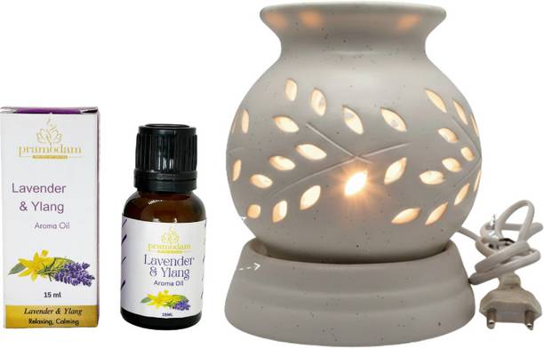 PRAMODAM Lavender Ylang Diffuser Set Lavender & Ylang Electric Aroma Oil Diffuser | Ceramic Vaporizer + 15ml Oil