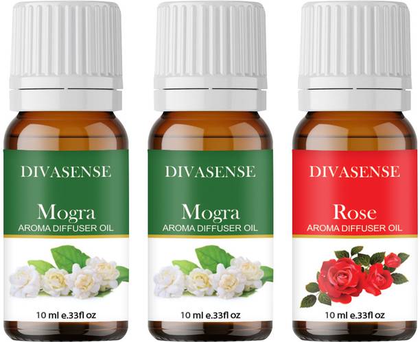 Divasense Home Fragrance Oil Burner, Mogra, Rose Aroma Oil, Diffuser, Diffuser Set, Refill 10ml each Aroma Diffuser Oil/ Burner Oil, pack of 3 Freshener Fragrance