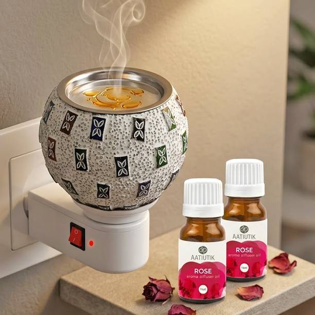 Aatiutik Rose Home Fragrance Air Freshener Diffuser Kapoor Dani Camphor Diffuser Electric Aroma Burner for Home Hotel Pooja Room Office| Night Lamp Light | Camphor & Essential Oil Diffuser with Decorative Design