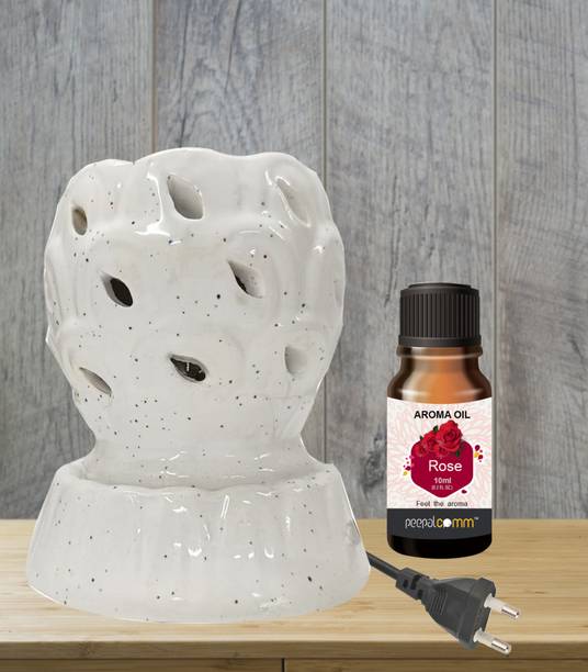 PeepalComm Home scented electric leaf diffuser oil burner with 2 10ml rose scented Aroma Oil, Diffuser Set, Refill Best for Room office restaurant spa living room gym bar Air Freshener etc. (Size: 10 x 8 cm, White) with 1 extra bulb