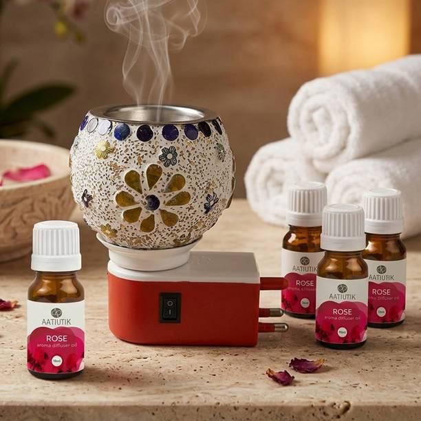 Aatiutik Rose Fragrance Air Freshener Diffuser Set Electric Camphor Diffuser with Set of 4 Aroma Oil (10ml Each) | Plug-in Kapoor Dani Burner | Home Fragrance Essential Oil Diffuser for Room, Office & पूजा room