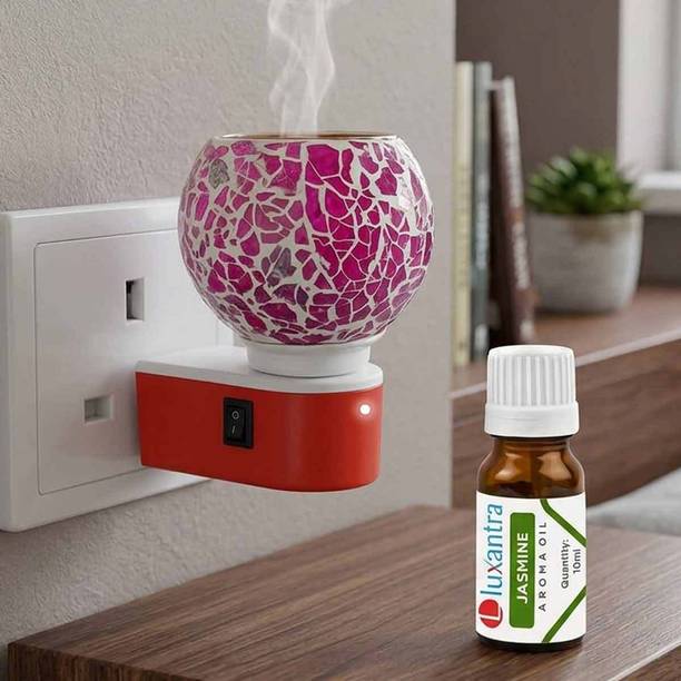 Luxantra Jasmine Fragrane Air Freshener Diffuser Set Electric Kapoor Dani Camphor Diffuser with Aroma Oil Burner | Plug-in Camphor Diffuser for Home, Office & Puja Room | Fragrance Vaporizer Air Freshener | Decorative Mosaic Glass Design