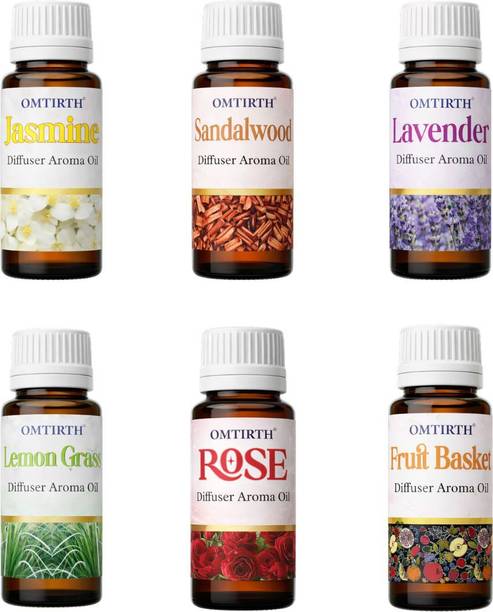 Omtirth Rose, Lavender, LemonGrass, Fruit Basket, Jasmine, Sandalwood Aroma Oil, Diffuser, Diffuser Set, Refill, Potpourri | Pack of 6 Premium aroma oil |