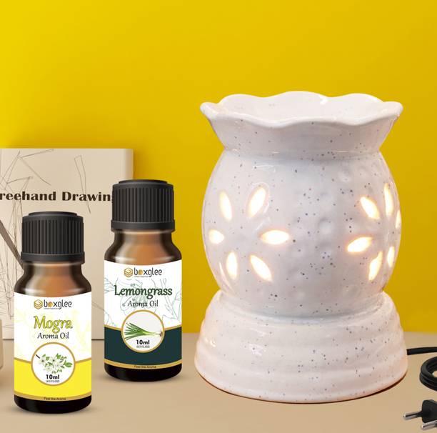 Boxglee Air Freshener White Premium Ceramic Aroma Oil Electric Diffuser Diffuser Set With Highly Aroma Oil Mogra & Lemongrass Fragrance 20ml