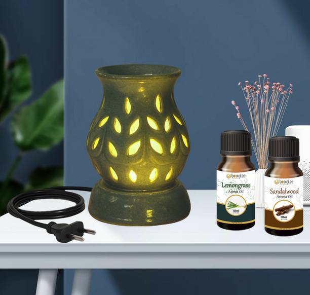 Boxglee Home Scented Electric Aroma Diffuser, Oil Burner for Air Freshener Diffuser Set Green Ceramic Lamp with Aroma Oils (Sandalwood & Lemongrass 10ml Each)