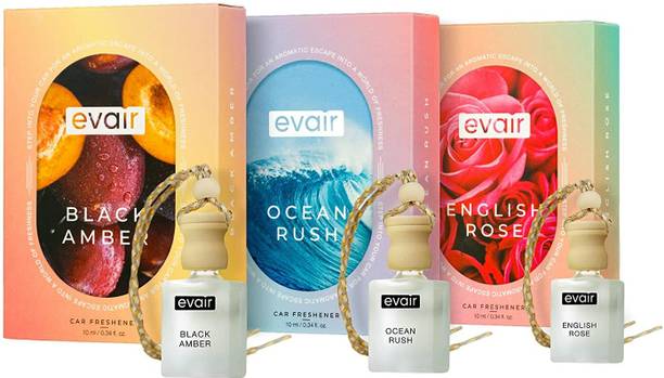 EVAIR Black Amber, Ocean Rush, English Rush Car Freshener Diffuser Combo Pack of Car Air Freshener with Essential Oils Fragrances