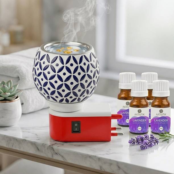 Aatiutik Lavender Fragrance Air Freshener Diffuser Set Electric Kapoor Dani Camphor Diffuser with 4 Aroma Oils | Ceramic Essential Oil Burner Night Lamp Light | Plug-in Fragrance Diffuser for Home, Office, Meditation, Pooja Room & Aromatherapy