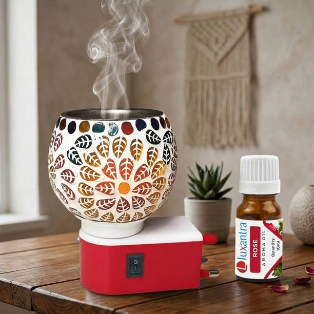 Luxantra Rose Fragrance Air Freshener Diffuser Set Handcrafted Electric Kapoor Dani Camphor Diffuser Night Lamp Light with Aroma Oil Burner | Ceramic Leaf Design Plug-in Air Freshener for Home, Office, Spa, Hotel, Temple & Meditation
