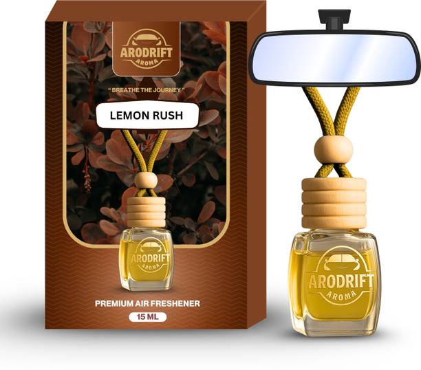 AroDrift Lemon Rush Aroma Oil, Diffuser Set, Refill Premium Hanging Car Perfume Pack Of 1 Lemon Rush Last Up to 30 Days Car Accessories Natural Essential Fragrance Oils in Glass Bottle with Wooden Diffuser Lid 15ML