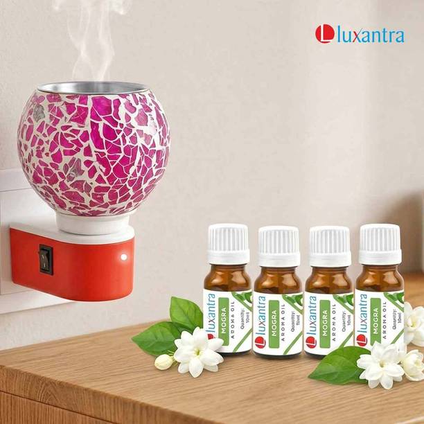 Luxantra Mogra Fragrance Air Freshener Diffuser Set Electric Aroma Diffuser with Set of 4 Aroma Oils (10ml Each) | Plug-in Kapoor Dani Camphor Diffuser | Mosaic Glass Fragrance Oil Burner | Night Lamp Light | Room Freshener for Home, Office, Spa, Hotel & Temple