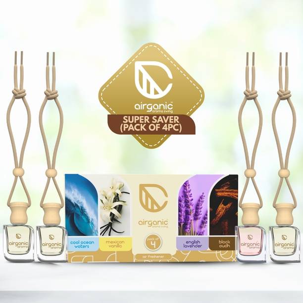 Airganic Aroma Swing pack 4 combo: Cool Ocean , Mexican Vanilla, Lavender & Black Oudh Car Freshener Diffuser Aroma with Essential Oils in Glass Bottle with Wooden Diffuser Lid| Car Hanging Accessories| Car Accessories Interior (4 x 10 ml)