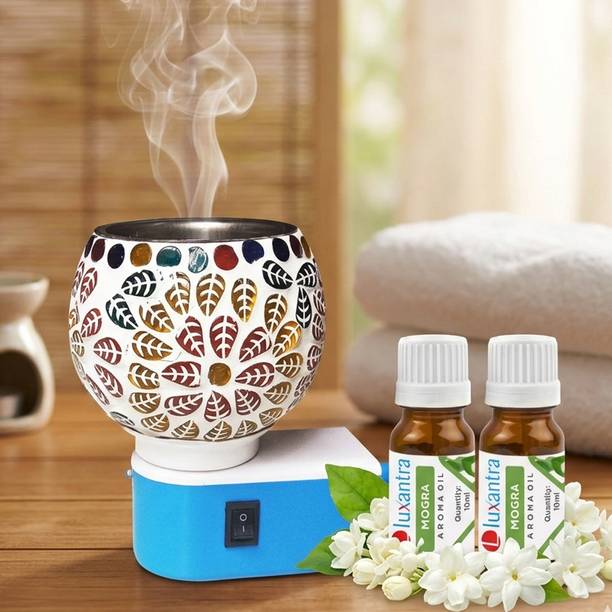 Luxantra Mogra Fragrance Air Freshener Diffuser Set Electric Kapoor Dani Camphor Diffuser with Decorative Ceramic Aroma Lamp | Smoke-Free Air Freshener & Essential Oil Burner | Plug-in Kapoor Dani for Home, पूजा & Aromatherapy