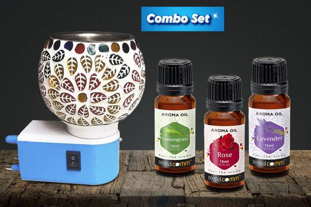PeepalComm ComboPack -Premium L2 Home Scented Plug In Electric Oil Burner Lamp With 45ml Aroma Oil, Diffuser Set Premium Plug In Electric Oil Burner Lamp With 3 Oil Set 15ml Each Rose Lavender Lemon Grass ( Assorted Design Shipped As Per Availability )Best For Gift