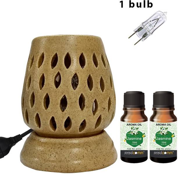 PeepalComm S4 brown electric diffuser lamp oil burner with 2 10ml jasmine scented Aroma Oil, Diffuser Set, Refill Perfect for Room office restaurant hotel spa living room gym bar Air Freshener etc. (Size: 11 x 9 cm, Brown) with 1 extra bulb