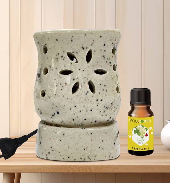 PeepalComm ceramic white electric diffuser lamp oil burner with 1 10ml mogra fragrance Aroma Oil, Diffuser Set, Refill Suitable for Room office restaurant hotel spa living room gym bar Air Freshener etc. (Size: 10 x 8 cm, Brown) with 1 extra bulb