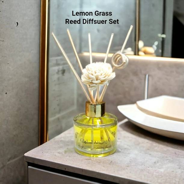 GLOBAL AROMA Lemon Grass Reed Diffuser Set Fragrance for Office, Home, Gym and Yoga Diffuser Set Lemon Grass Reed Diffuser Set 60ML,Fragrance for Office, Home, Gym and Yoga | Mood Enhancer, Smoke Less Room Freshener for Home