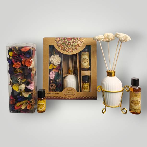 IMPERIUM AROMA Sandalwood Reed Diffuser Set | Gift Pack | 50 ml Oil Diffuser, Potpourri 50 g with 15 ml Oil | 8 Rattan Sticks | Soft Floral Scent for Livingroom, Bedroom & Offices