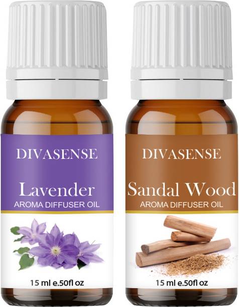 Divasense Lavender, Sandal Wood Aroma Oil, Diffuser, Diffuser Set, Potpourri, Refill Aroma Essential Oils for Diffuser Lavender and Sandal Wood of 15ml Each | Aroma Oil Diffuser for Home Fragrance | Set of 2