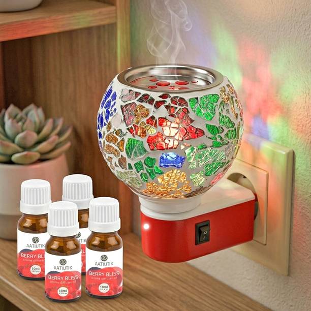 Aatiutik Berry Bliss Fragrance Air Freshener Diffuser Electric Kapoor Dani Camphor Diffuser with 4 x 10ml Aroma Oils | Mosaic Glass Plug-in Aroma Lamp | Camphor Burner | Night Lamp Light | Home, Office & Pooja Room Fragrance Diffuser