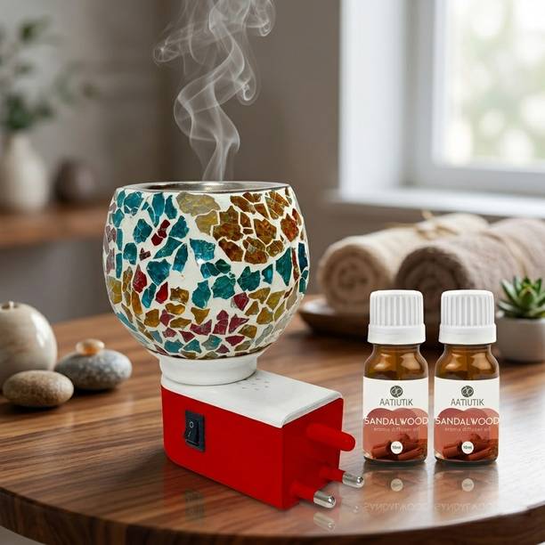 Aatiutik Sandalwood Fragrance Air Freshener Diffuser Set Electric Camphor Diffuser with Mosaic Glass steel Bowl | Kapoor Dani Aroma Burner | Plug-in Fragrance Diffuser with 2 Sandalwood Aroma Oils | Home Temple Air Freshener & Decor Lamp