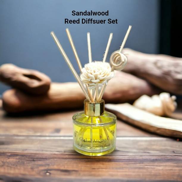 GLOBAL AROMA Sandalwood Reed Diffuser Set Fragrance for Office, Home, Gym and Yoga Diffuser Set Sandalwood Reed Diffuser Set 60ML,Fragrance for Office, Home, Gym and Yoga | Mood Enhancer, Smoke Less Room Freshener for Home