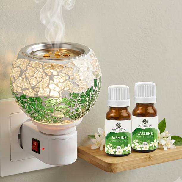 Aatiutik Jasmine Home Fragrance Air Freshener Diffuser Set Premium Electric Kapoor Dani Camphor Diffuser with 2 Aroma Oil Bottles (10ML Each) | Plug-in Ceramic Aroma Oil Burner | Night Lamp Light | Glass Mosaic Fragrance Diffuser for Home, Office, Temple & Meditation