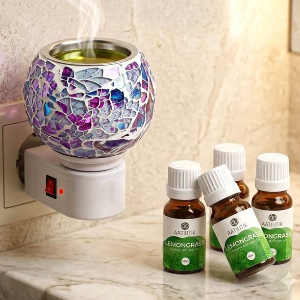 Aatiutik Lemongrass Home Fragrance Air Freshener Diffuser Kapoor Dani Camphor Diffuser | handcrafted Night Lamp Light | Electric Aroma Diffuser with 4 Aroma Oils | Decorative Mosaic Fragrance Diffuser for Home, Hotel, Spa, Pooja Room & Office