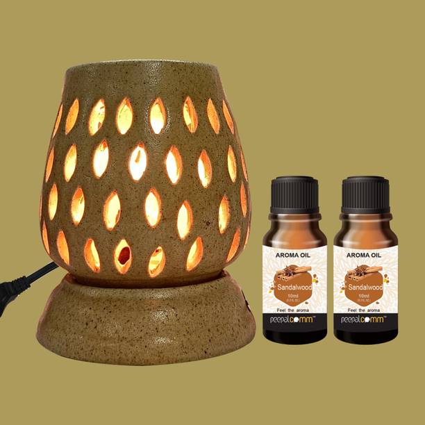 PeepalComm Home scented electric brown diffuser oil burner with 2 10ml sandalwood scented Aroma Oil, Diffuser Set, Refill Best for Room office restaurant spa living room gym bar Air Freshener etc. (Size: 11 x 9 cm, White) with 1 extra bulb