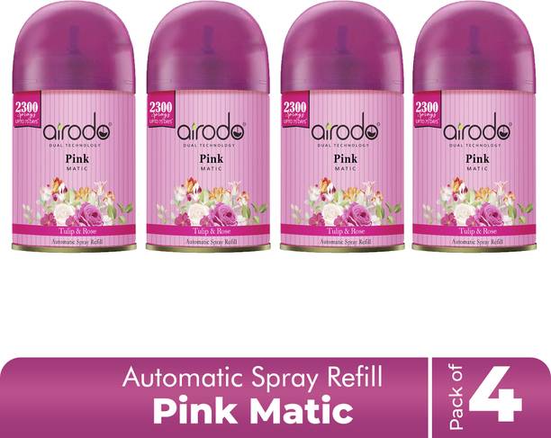 AIRODO Tulip, Rose Automatic Spray Air Freshner Dual Technology Pink Matic Tulip & Rose upto 75 days with 2300 Sprays Each Bottle Pack of 4