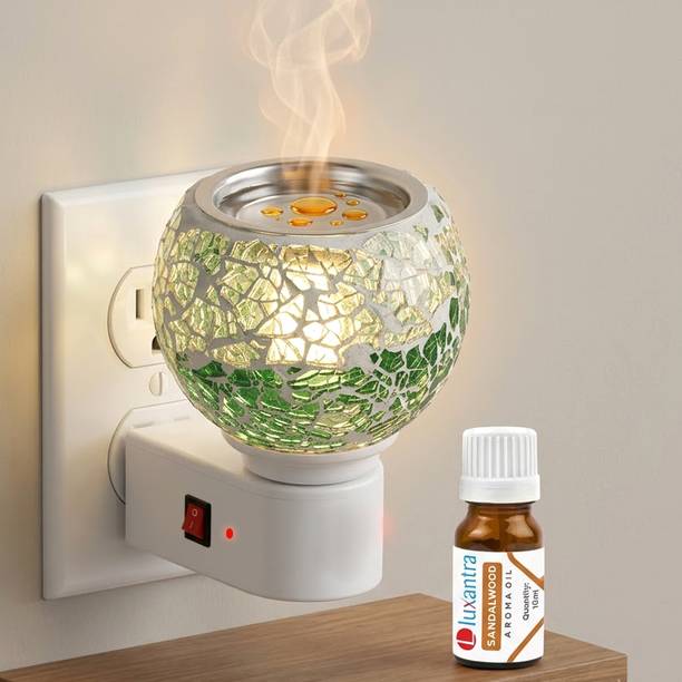 Luxantra Sandalwood Home Fragrance Air Freshener Diffuser Set Electric Kapoor Dani Camphor Diffuser with Night Lamp | Mosaic Glass Aroma Oil Burner | Plug-in Essential Oil & Camphor Diffuser | Smoke-Free Fragrance Diffuser for Home, Office, Spa, Hotel & Temple (White & Green)