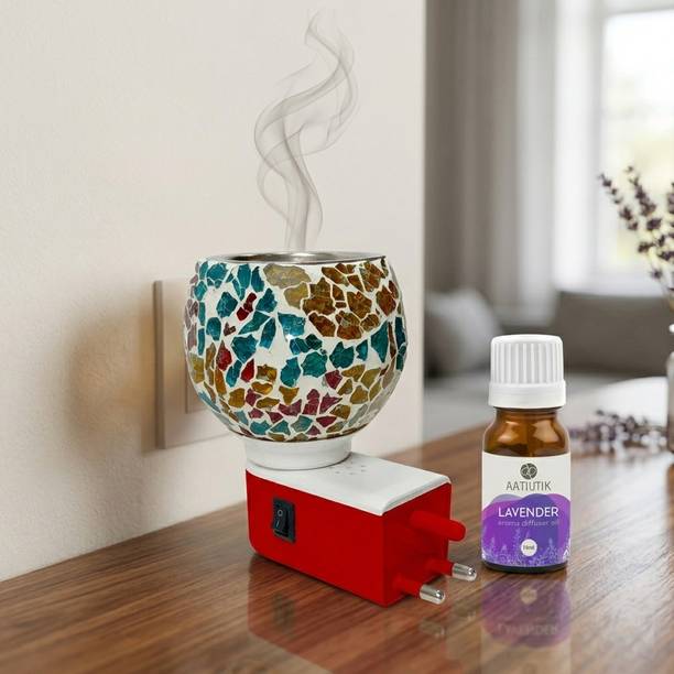 Aatiutik Lavender Fragrance Night Lamp with On/Off Switch Diffuser Set Electric Kapoor Dani Camphor Diffuser with Aroma Oil | Ceramic Essential Oil Burner with Steel Bowl on top | Plug-in Fragrance Diffuser for Home, Office & SPA, Hotel