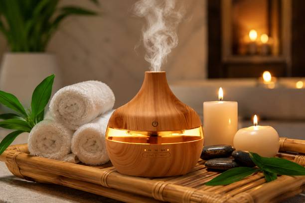 SteerGear Humidifier-Wood Diffuser Set Pure Aroma Atomization Wooden Finish Humidifier & Essential Oil Diffuser with LED Light | Ultrasonic Cool Mist Aroma Diffuser for Home, Office & Bedroom