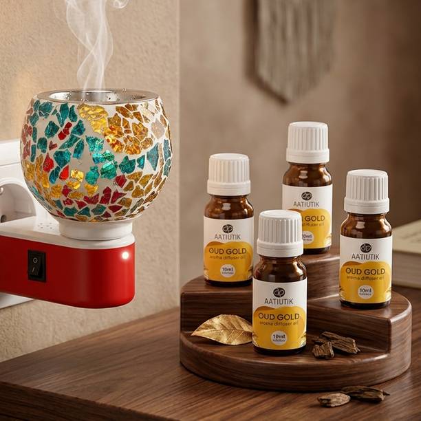 Aatiutik Oud Gold Fragrance Air Freshener Diffuser Set Electric Camphor Diffuser with Fragrance Aroma Oils | Mosaic Glass Kapoor Dani Night Lamp | Plug-in Aroma Oil Burner for Home, Office, Hotel, Spa & Temple