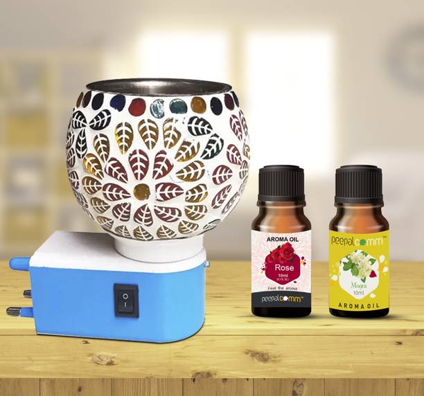 PeepalComm Home Scented Ceramic Electric Burner Lamp+2 Rose & Mogra (10ml Each ) Aroma Oil, Diffuser Set, Refill Premium Ceramic Electric Air Freshener Burner Cum Night Lamp with Switch to Toggle Between Burner and Lamp With 2 Aroma Oil ( 10ml Each) Rose & Mogra gift Set