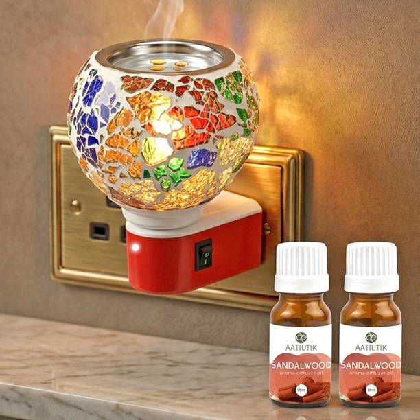 Aatiutik Sandalwood Fragrance Air Freshener Diffuser Electric Mosaic Kapoor Dani Camphor Diffuser with Aroma Oils (10ml Each) | Plug-in Ceramic Room Freshener Machine electric Camphor Burner & Essential Oil Diffuser | Night Light Lamp | Room Freshener for Home, Office & Puja Room