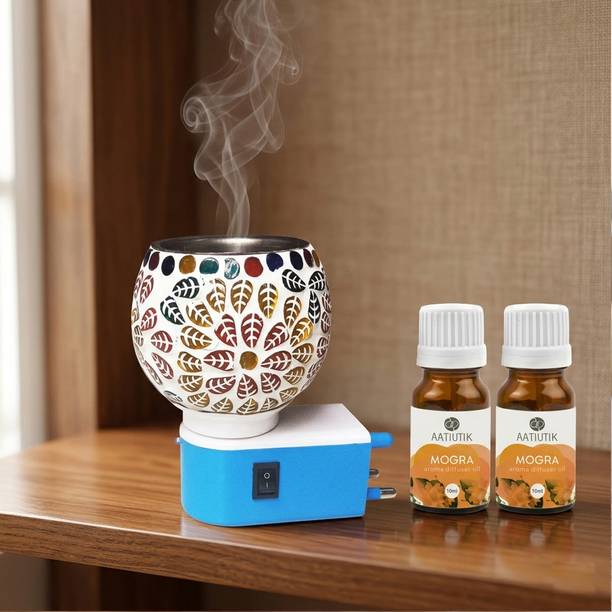 Aatiutik Mogra Fragrance Room Freshener Night Lamp with On/Off Switch Diffuser Set Electric Kapoor Dani Camphor Diffuser with Aroma Oil | Ceramic Essential Oil Burner with Steel Bowl on top | Plug-in Fragrance Diffuser for Home, Office & SPA, Hotel