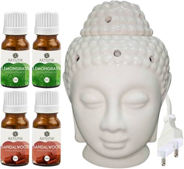 Aatiutik Lemongrass, Sandalwood Aroma Diffuser Oil with Electric Ceramic Buddha Head (Made In India) Aroma Diffuser Set AT-EBUDDHAINDIAN-2LG-2SW